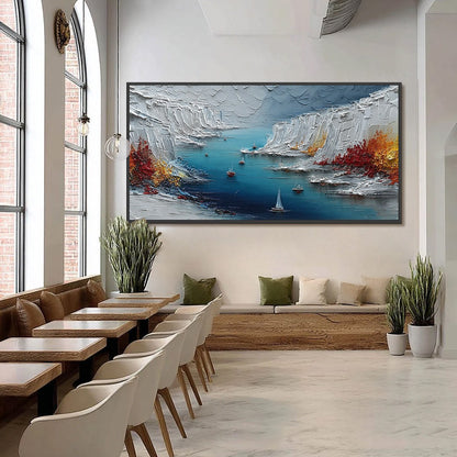 Crimson Fjord hand-painted white, ocean blue and orange textured mountain lake painting shown with black frame