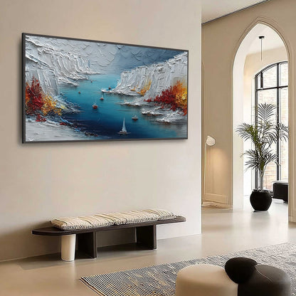 Crimson Fjord hand-painted white, ocean blue and orange textured mountain lake painting shown with wood frame