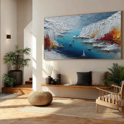 Crimson Fjord hand-painted white, ocean blue and orange textured mountain lake painting rolled canvas option