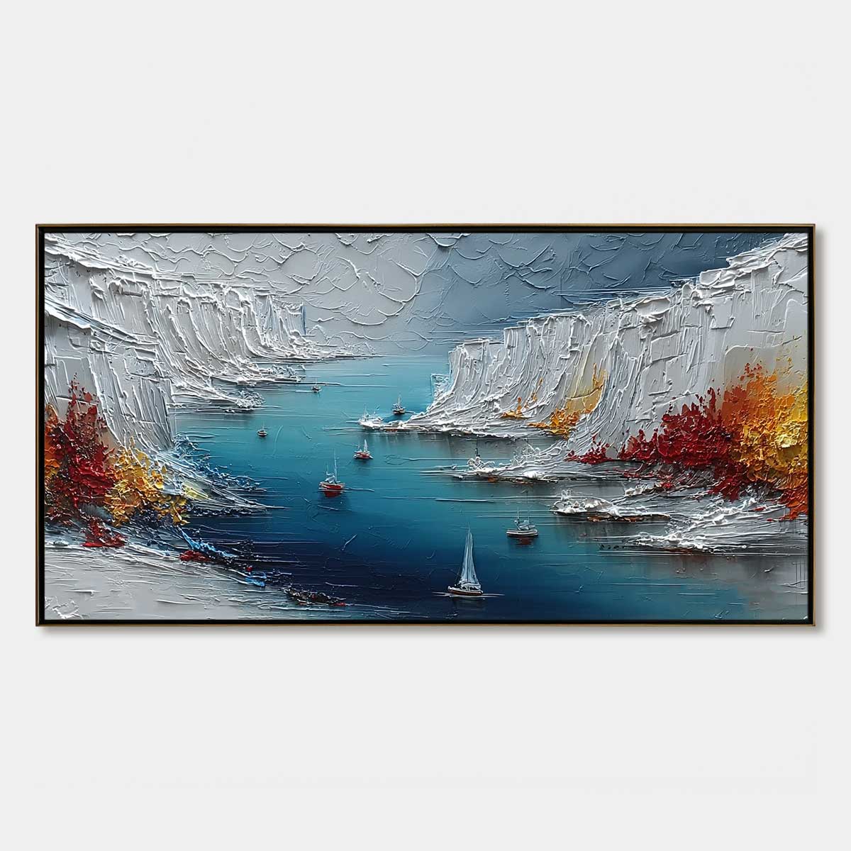 Crimson Fjord hand-painted white, ocean blue and orange textured mountain lake painting rolled canvas option