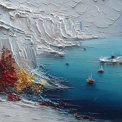 Crimson Fjord hand-painted white, ocean blue and orange textured mountain lake painting shown with gold frame