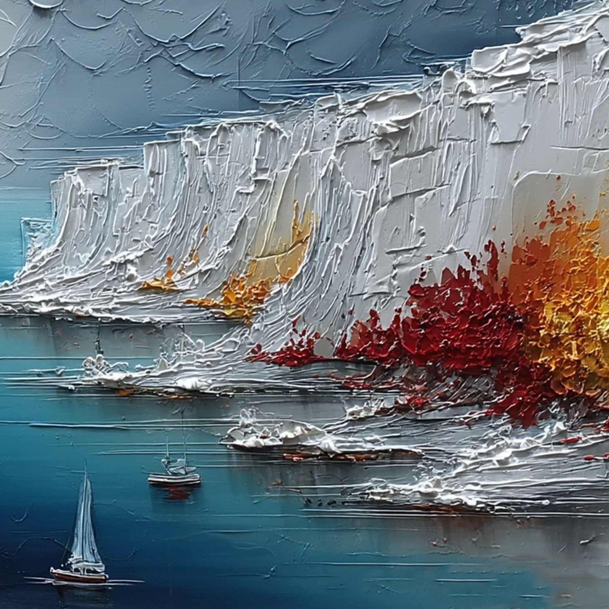 Crimson Fjord hand-painted white, ocean blue and orange textured mountain lake painting shown with white frame
