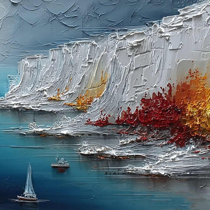 Crimson Fjord hand-painted white, ocean blue and orange textured mountain lake painting shown with white frame