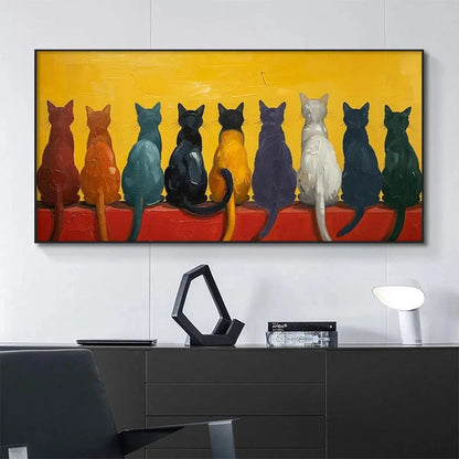 Colorful Cat Textured Oil Painting – Cats In A Row