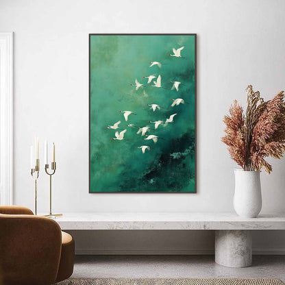 Green and White Minimalist Celestial Textured Oil Painting – Celestial Journey