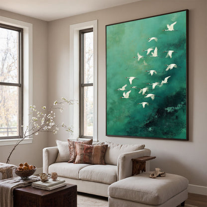 Green and White Minimalist Celestial Textured Oil Painting – Celestial Journey