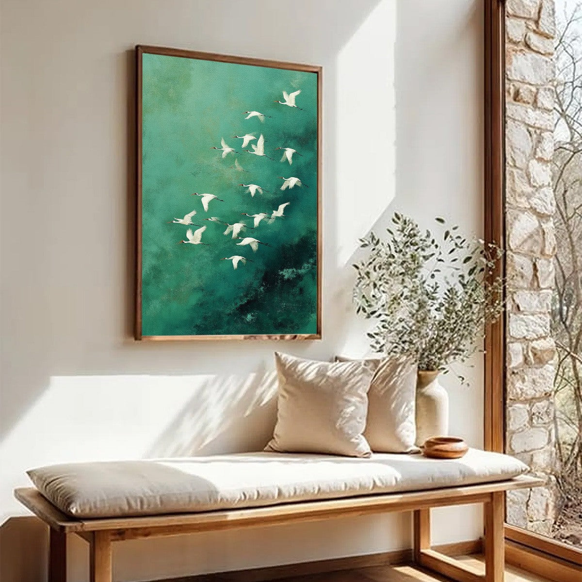 Green and White Minimalist Celestial Textured Oil Painting – Celestial Journey