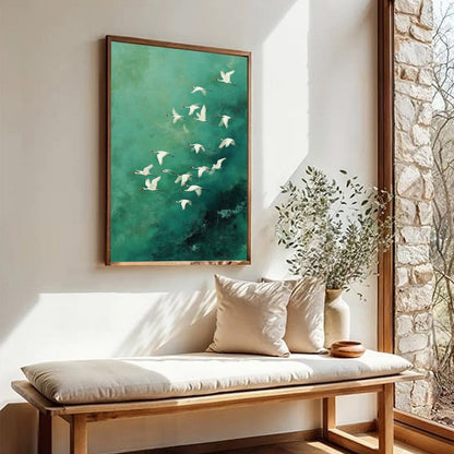 Green and White Minimalist Celestial Textured Oil Painting – Celestial Journey