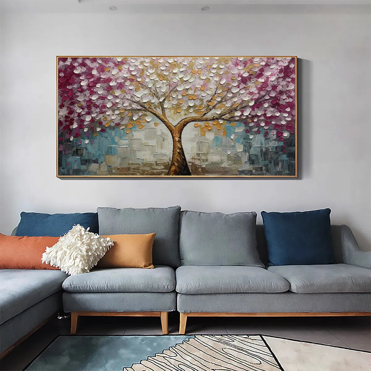 Cherry Blossom Dream hand-painted gold and pink textured blossom tree painting shown with black frame