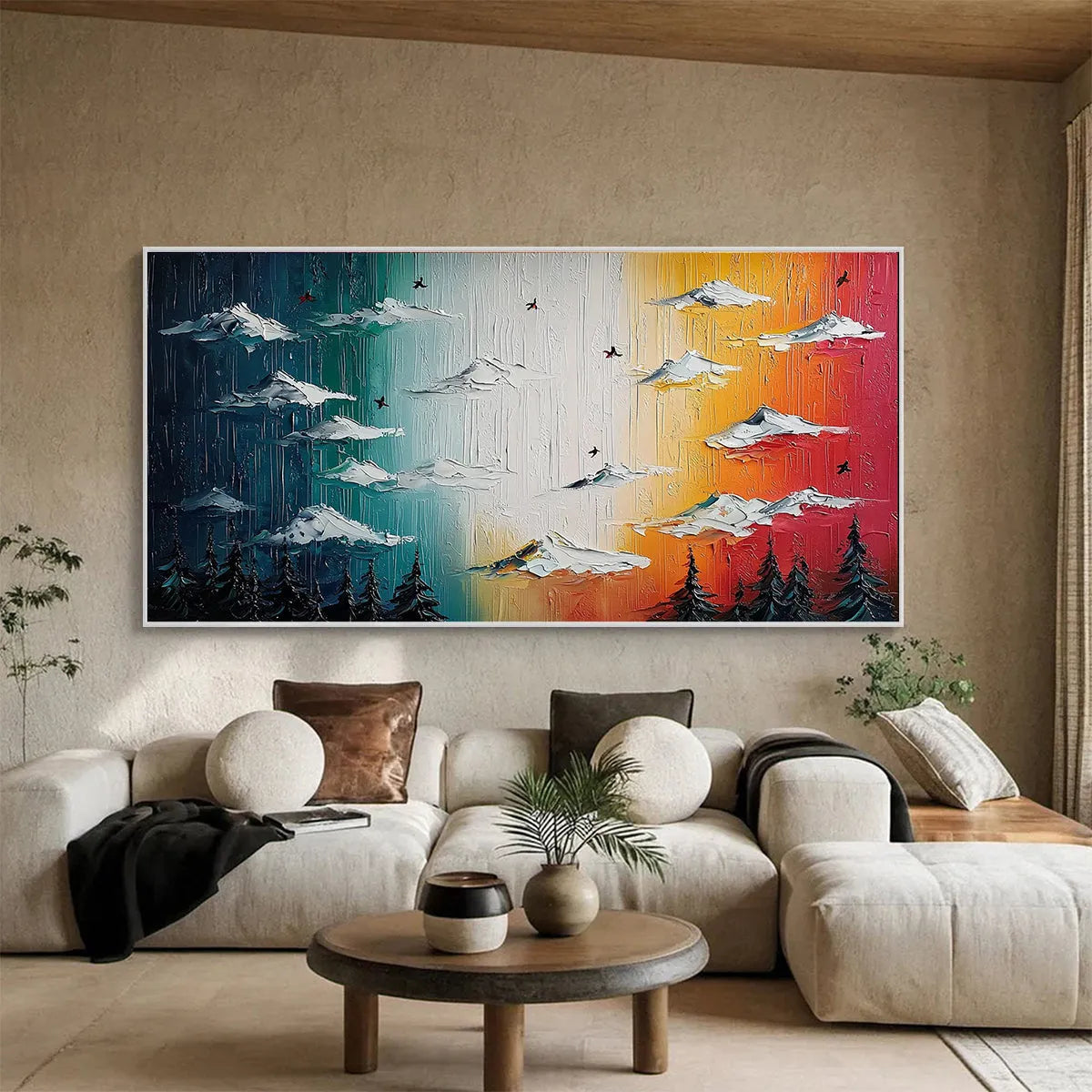 Chromatic Ascension hand-painted crimson, golden yellow, turquoise and violet textured mountain landscape painting shown with wood frame