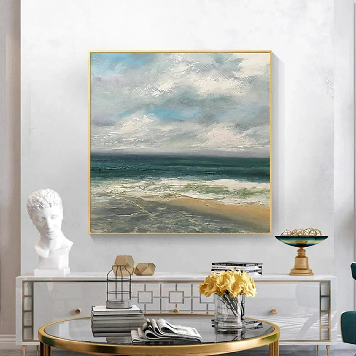 Cloudy Coastal Scene hand-painted ocean blue, ivory and soft neutral tones textured coastal landscape painting shown with wood frame