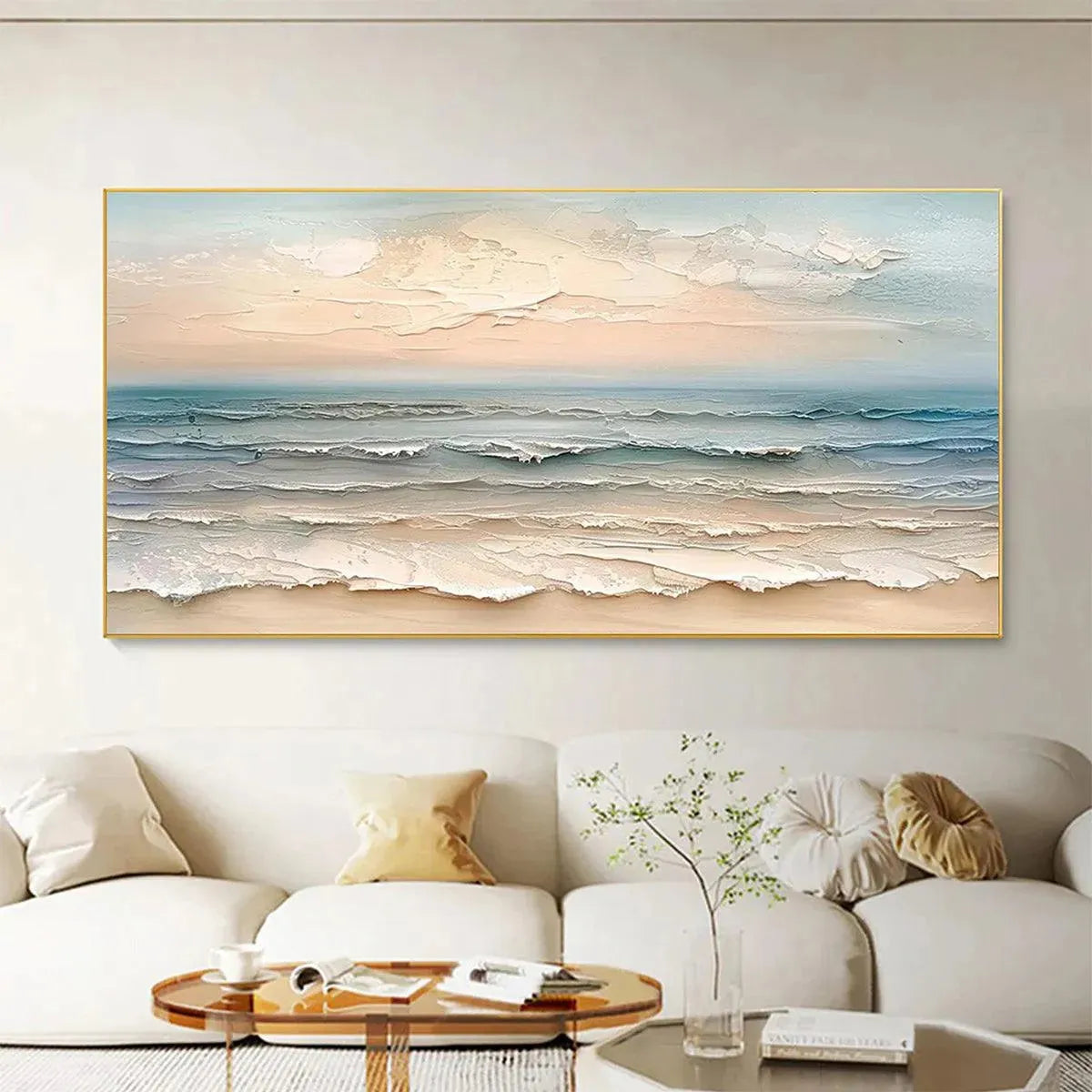Coastal Serenity hand-painted ocean blue, ivory and soft neutral tones textured seascape painting shown as stretched canvas