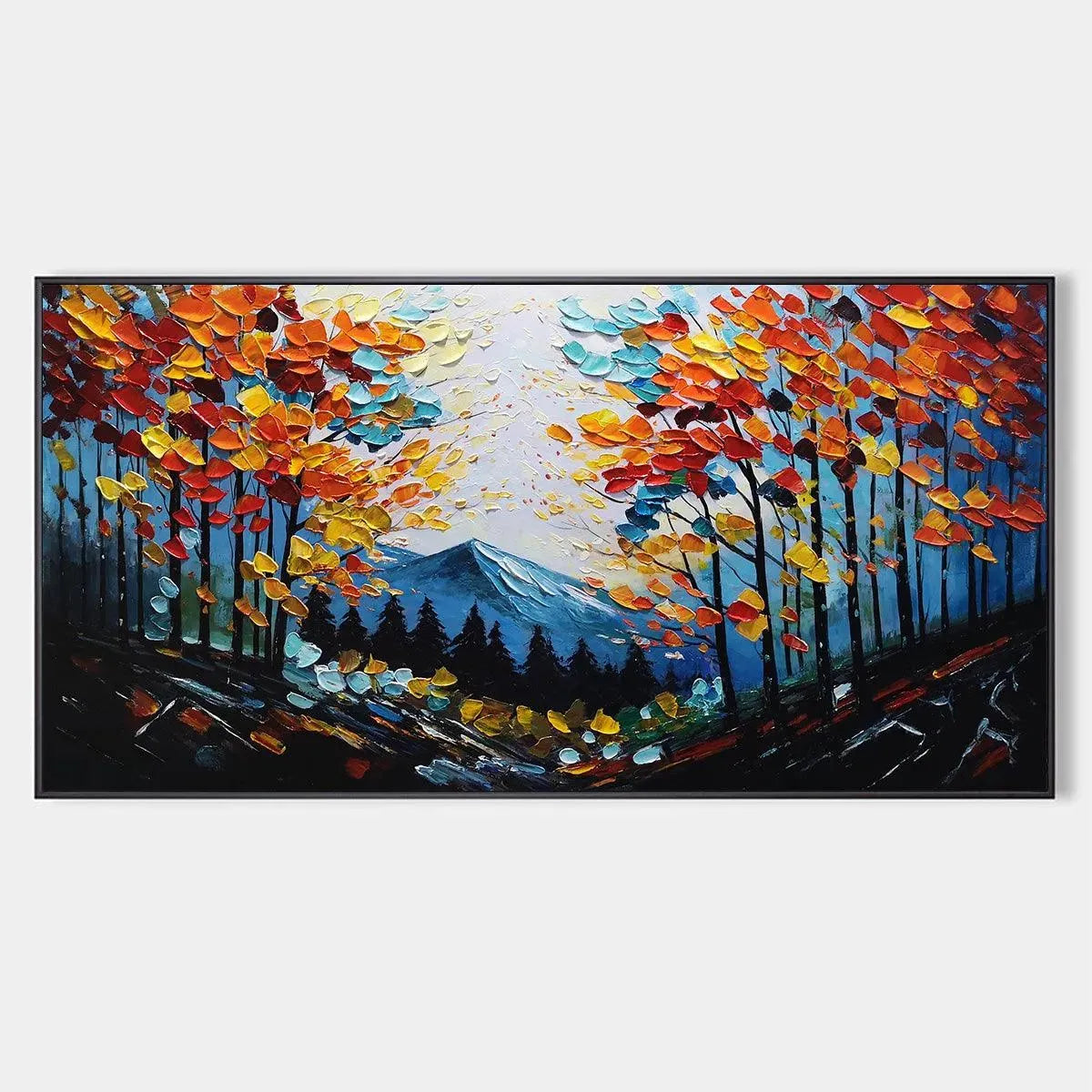 Autumn Vibes hand-painted crimson, golden yellow, turquoise and violet textured forest landscape painting rolled canvas option