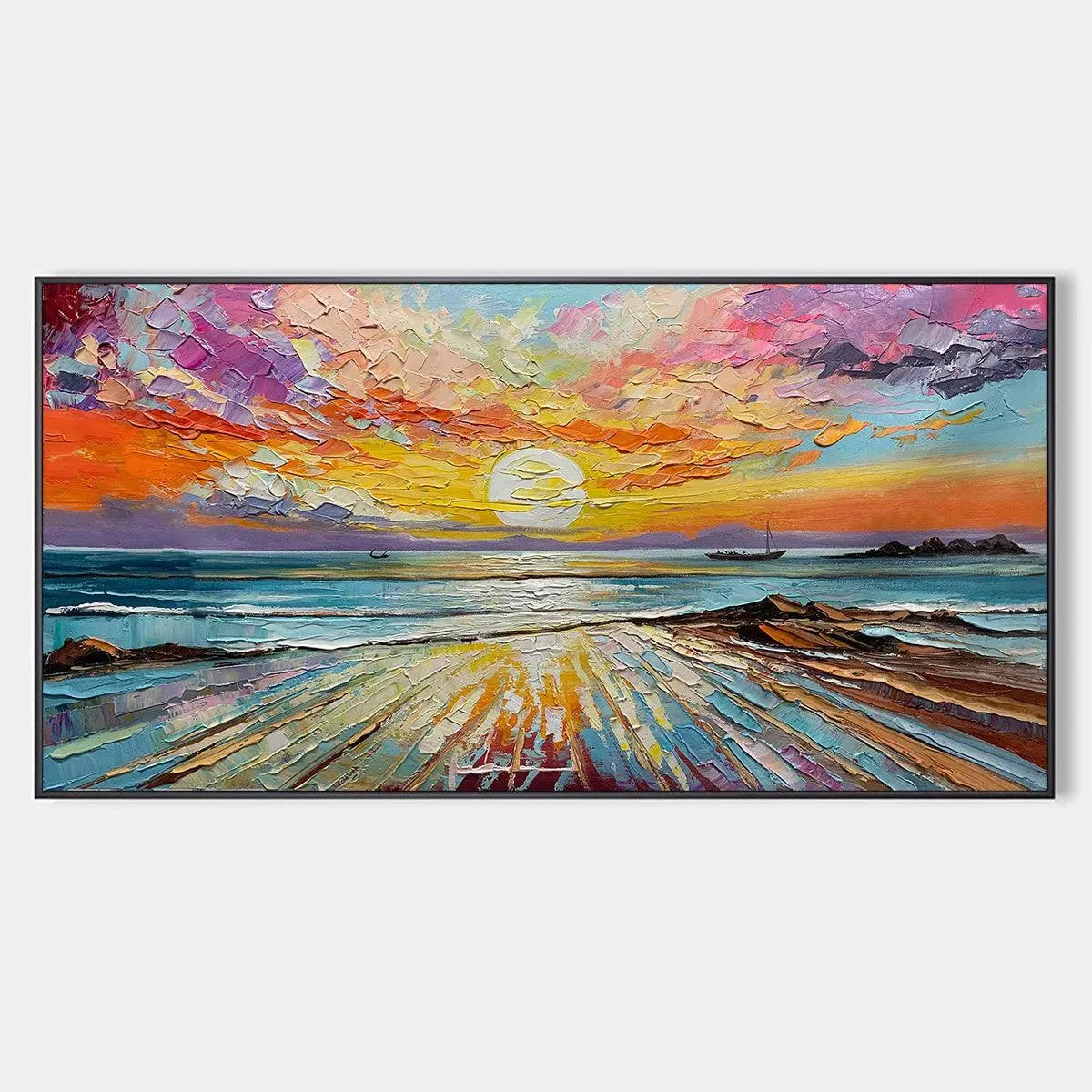 Radiant Horizon hand-painted ocean blue, ivory and soft neutral tones textured sunset seascape painting rolled canvas option