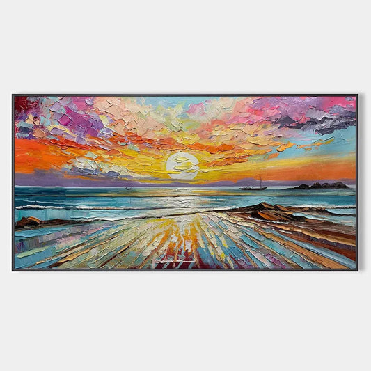 Radiant Horizon hand-painted ocean blue, ivory and soft neutral tones textured sunset seascape painting rolled canvas option