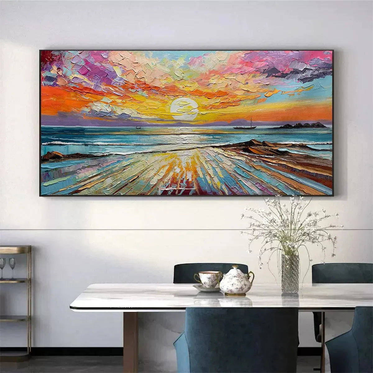 Radiant Horizon hand-painted ocean blue, ivory and soft neutral tones textured sunset seascape painting shown with black frame