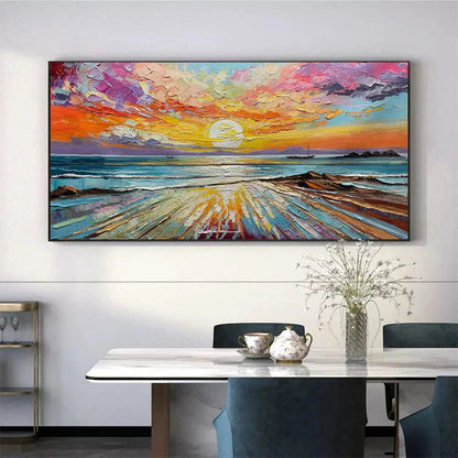 Radiant Horizon hand-painted ocean blue, ivory and soft neutral tones textured sunset seascape painting shown with black frame