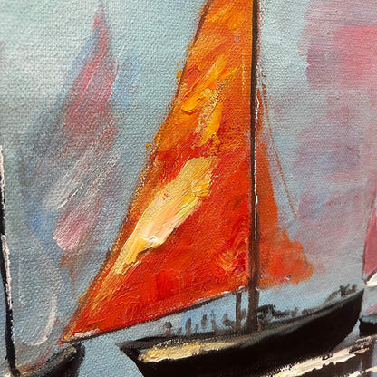Regatta Dawn hand-painted ocean blue, ivory and soft neutral tones textured sailboat seascape painting shown with gold frame