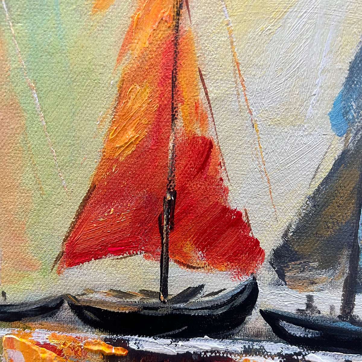 Regatta Dawn hand-painted ocean blue, ivory and soft neutral tones textured sailboat seascape painting shown with black frame