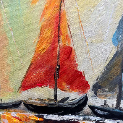 Regatta Dawn hand-painted ocean blue, ivory and soft neutral tones textured sailboat seascape painting shown with black frame