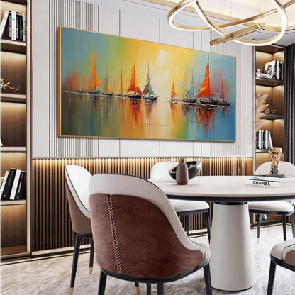 Regatta Dawn hand-painted ocean blue, ivory and soft neutral tones textured sailboat seascape painting shown with white frame