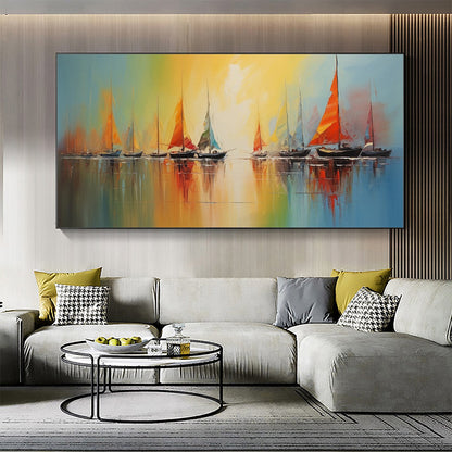Regatta Dawn hand-painted ocean blue, ivory and soft neutral tones textured sailboat seascape painting shown as stretched canvas
