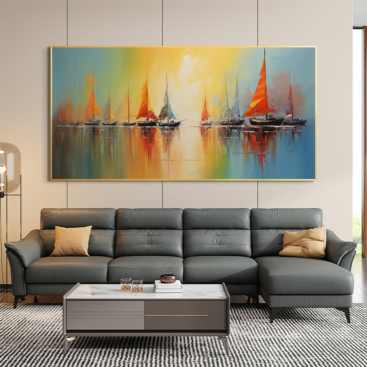 Regatta Dawn hand-painted ocean blue, ivory and soft neutral tones textured sailboat seascape painting shown with wood frame