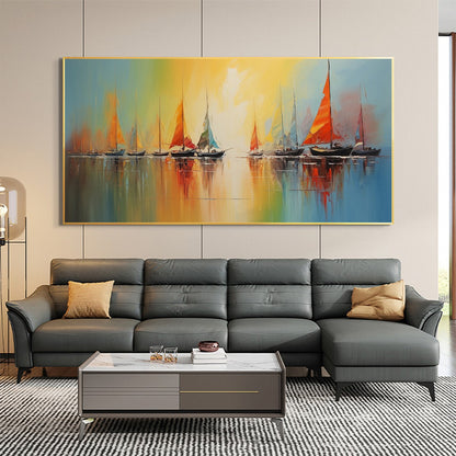 Regatta Dawn hand-painted ocean blue, ivory and soft neutral tones textured sailboat seascape painting shown with wood frame