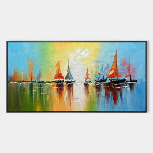Regatta Dawn hand-painted ocean blue, ivory and soft neutral tones textured sailboat seascape painting rolled canvas option