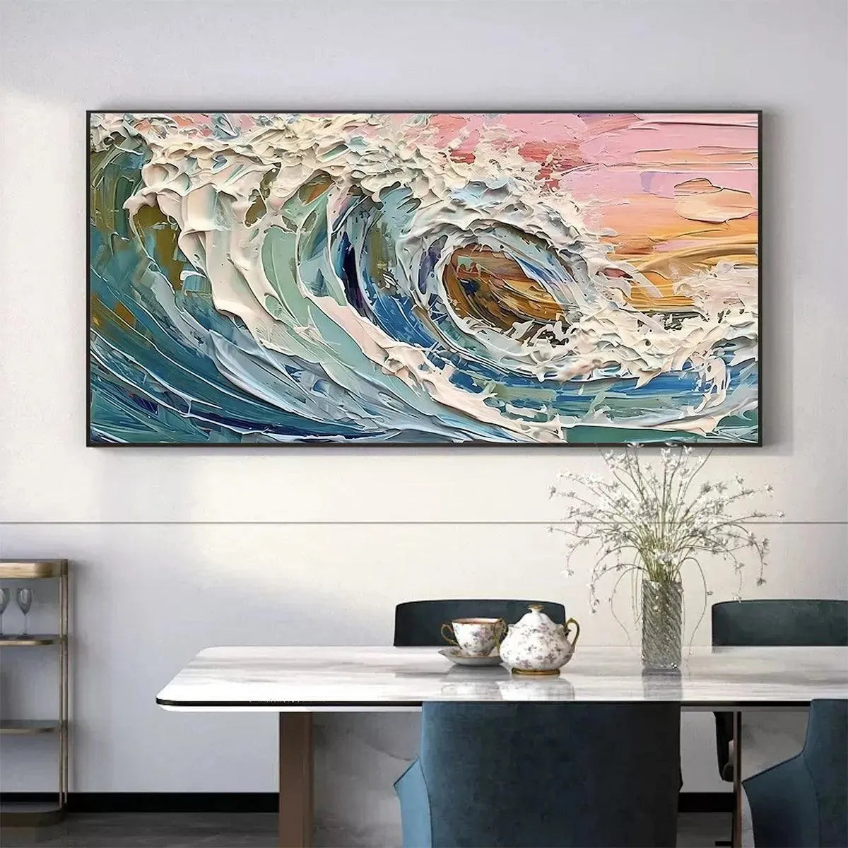 Coral Crest hand-painted ocean blue, coral and pink textured sunset seascape painting shown with black frame