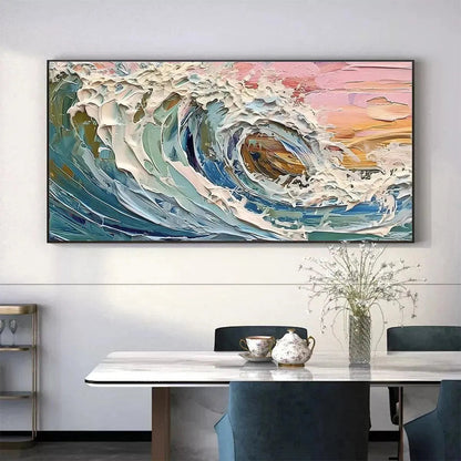 Coral Crest hand-painted ocean blue, coral and pink textured sunset seascape painting shown with black frame