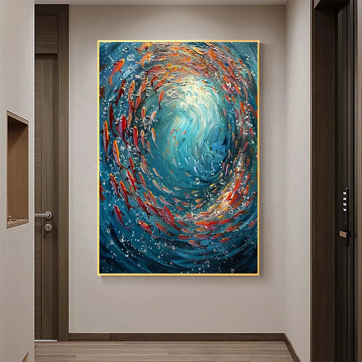 Coral Dance hand-painted coral and ivory textured school of fish painting shown with wood frame