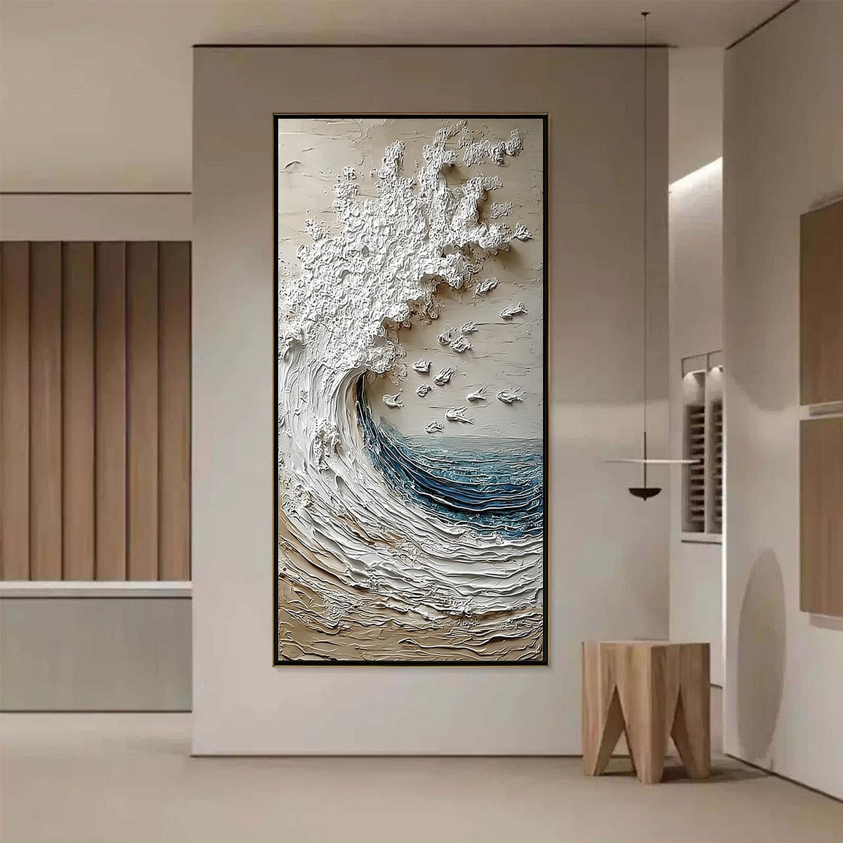 Crescendo hand-painted ocean blue, ivory and soft neutral tones textured ocean wave painting shown as stretched canvas