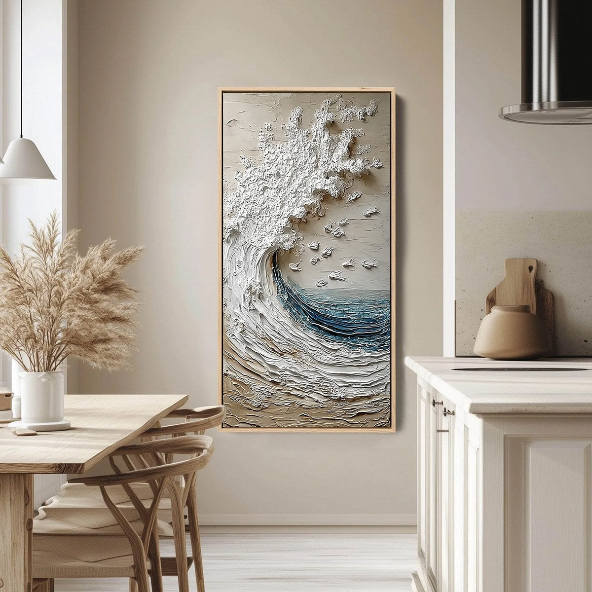 Crescendo hand-painted ocean blue, ivory and soft neutral tones textured ocean wave painting shown with silver frame