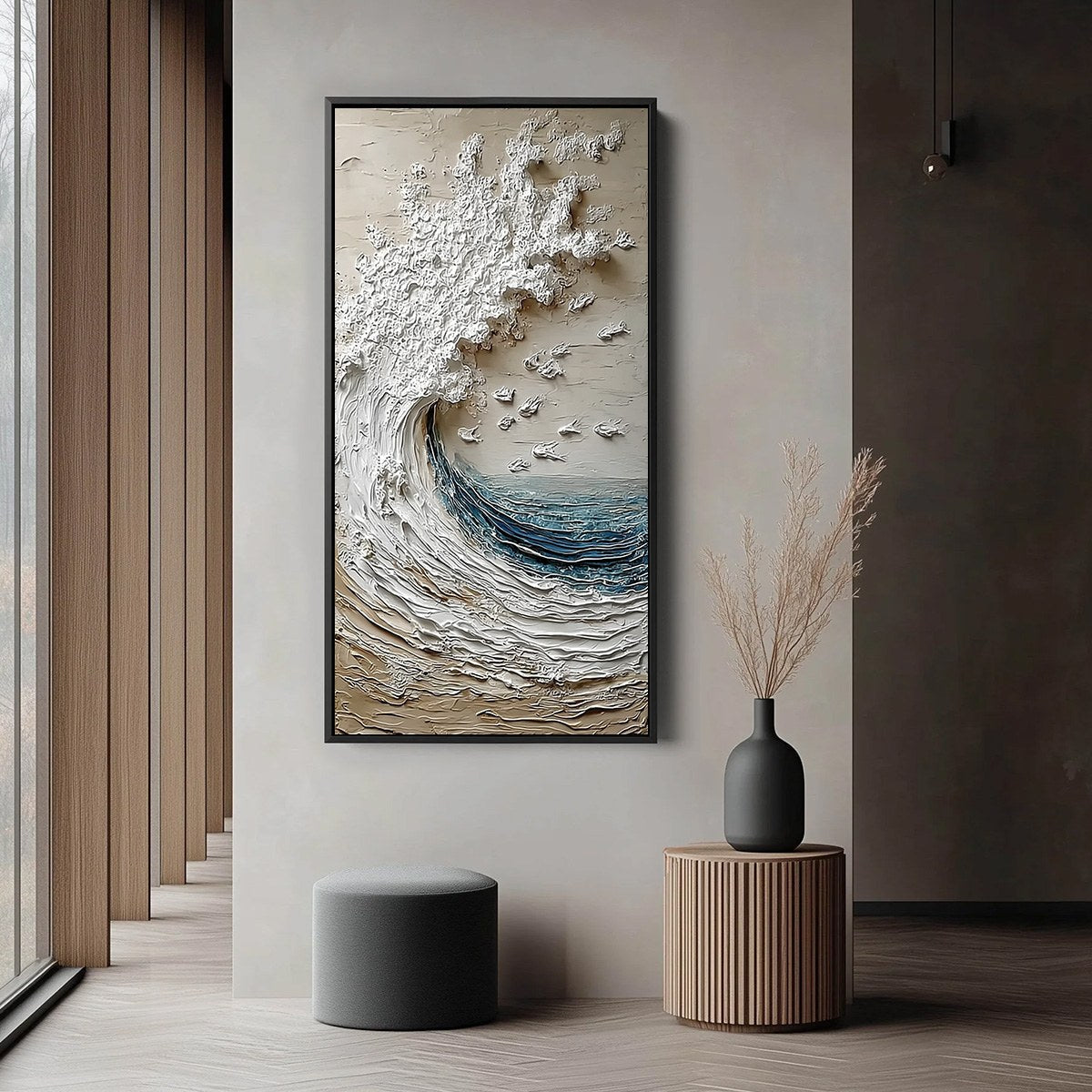 Crescendo hand-painted ocean blue, ivory and soft neutral tones textured ocean wave painting shown with black frame