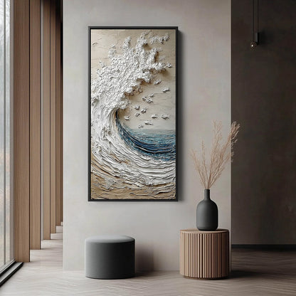 Crescendo hand-painted ocean blue, ivory and soft neutral tones textured ocean wave painting shown with black frame