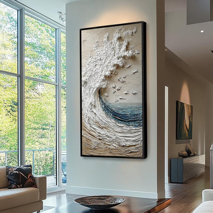 Crescendo hand-painted ocean blue, ivory and soft neutral tones textured ocean wave painting shown with wood frame