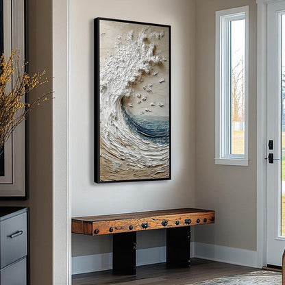 Crescendo hand-painted ocean blue, ivory and soft neutral tones textured ocean wave painting rolled canvas option