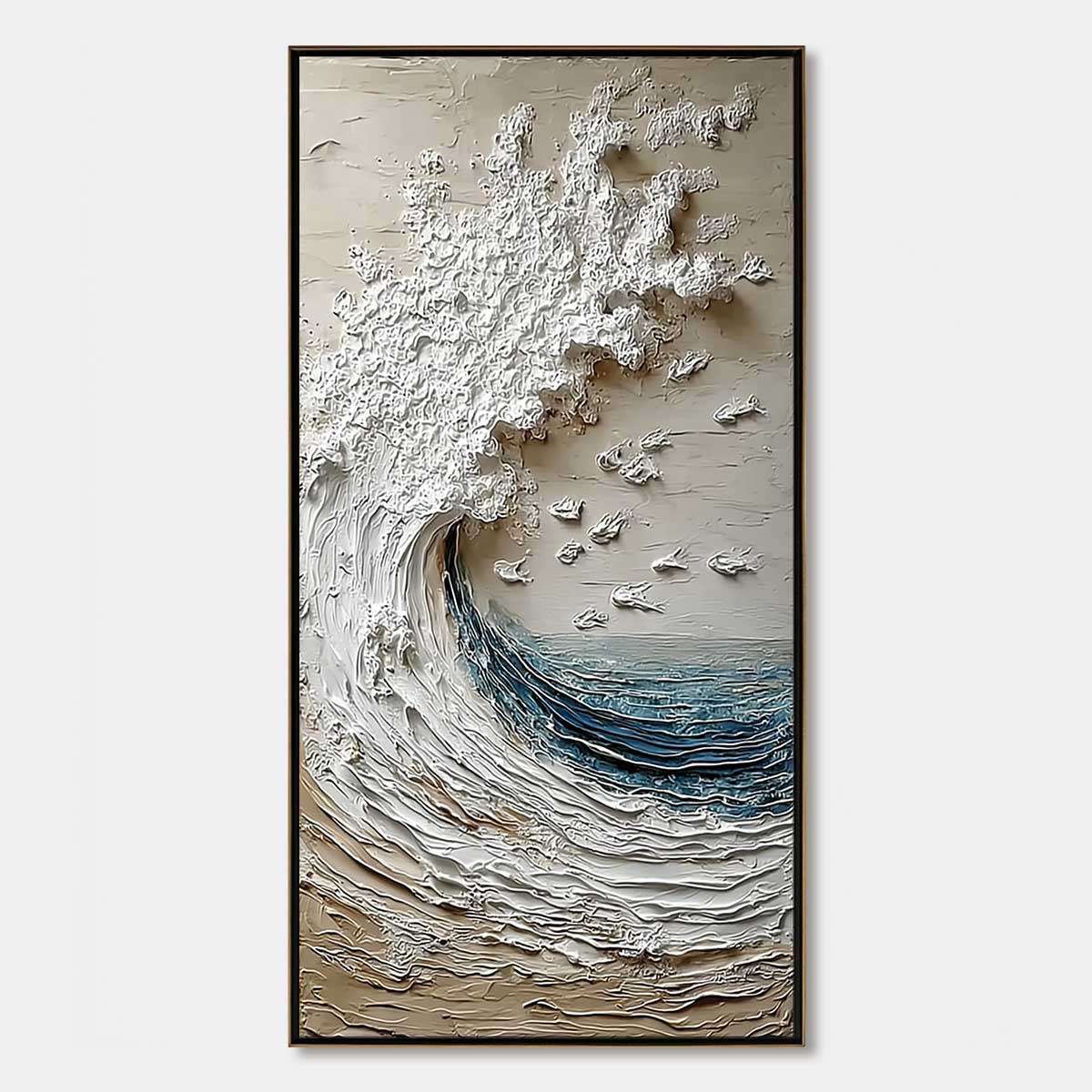 Crescendo hand-painted ocean blue, ivory and soft neutral tones textured ocean wave painting rolled canvas option