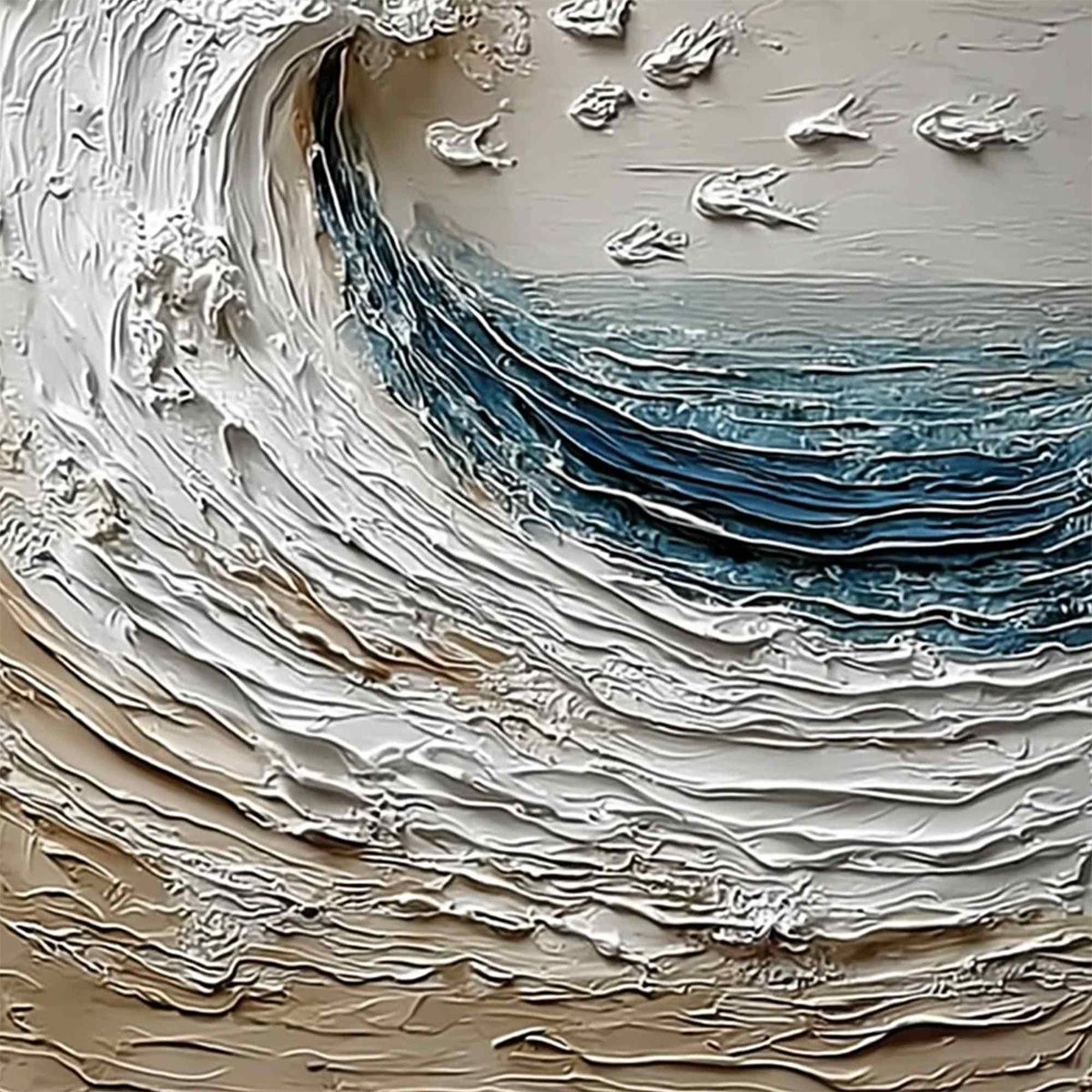 Crescendo hand-painted ocean blue, ivory and soft neutral tones textured ocean wave painting shown with gold frame