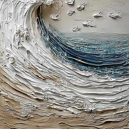 Crescendo hand-painted ocean blue, ivory and soft neutral tones textured ocean wave painting shown with gold frame