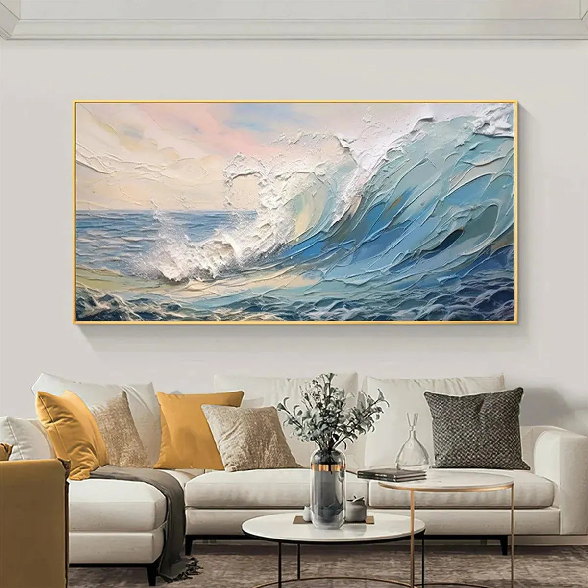 Cresting Wave hand-painted ocean blue, ivory and soft neutral tones textured ocean wave painting shown as stretched canvas