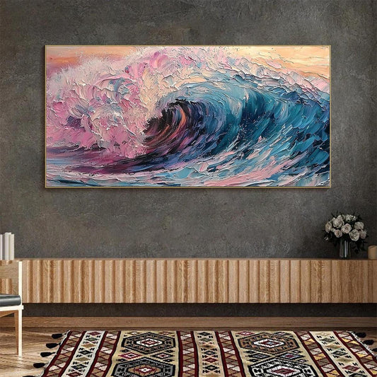 Crystal Crest hand-painted ocean blue, pink and violet textured ocean wave painting shown as stretched canvas
