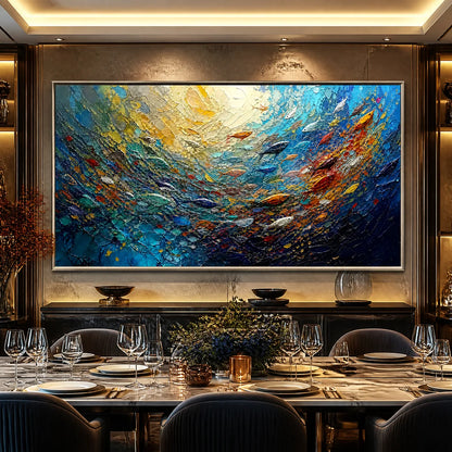 Deep Tide hand-painted ocean blue and gold textured ocean wave painting