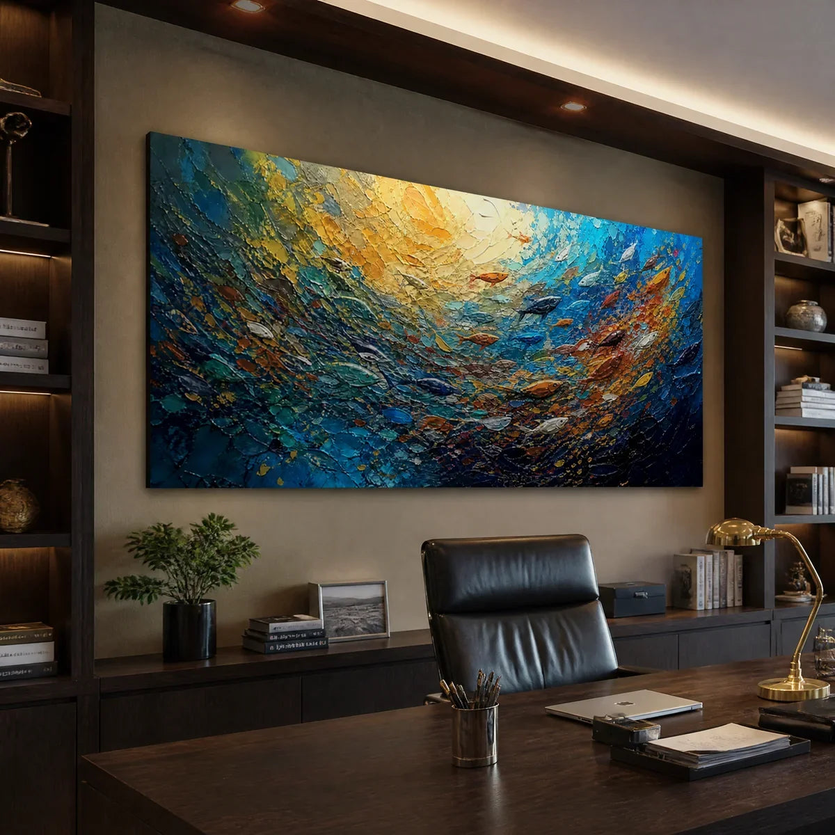 Deep Tide hand-painted ocean blue and gold textured ocean wave painting