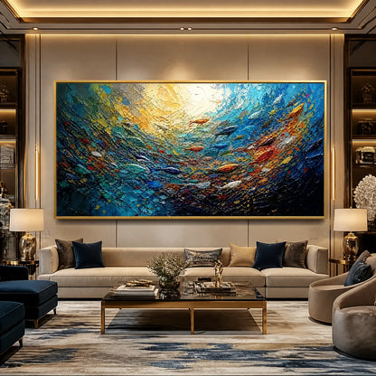 Deep Tide hand-painted ocean blue and gold textured ocean wave painting