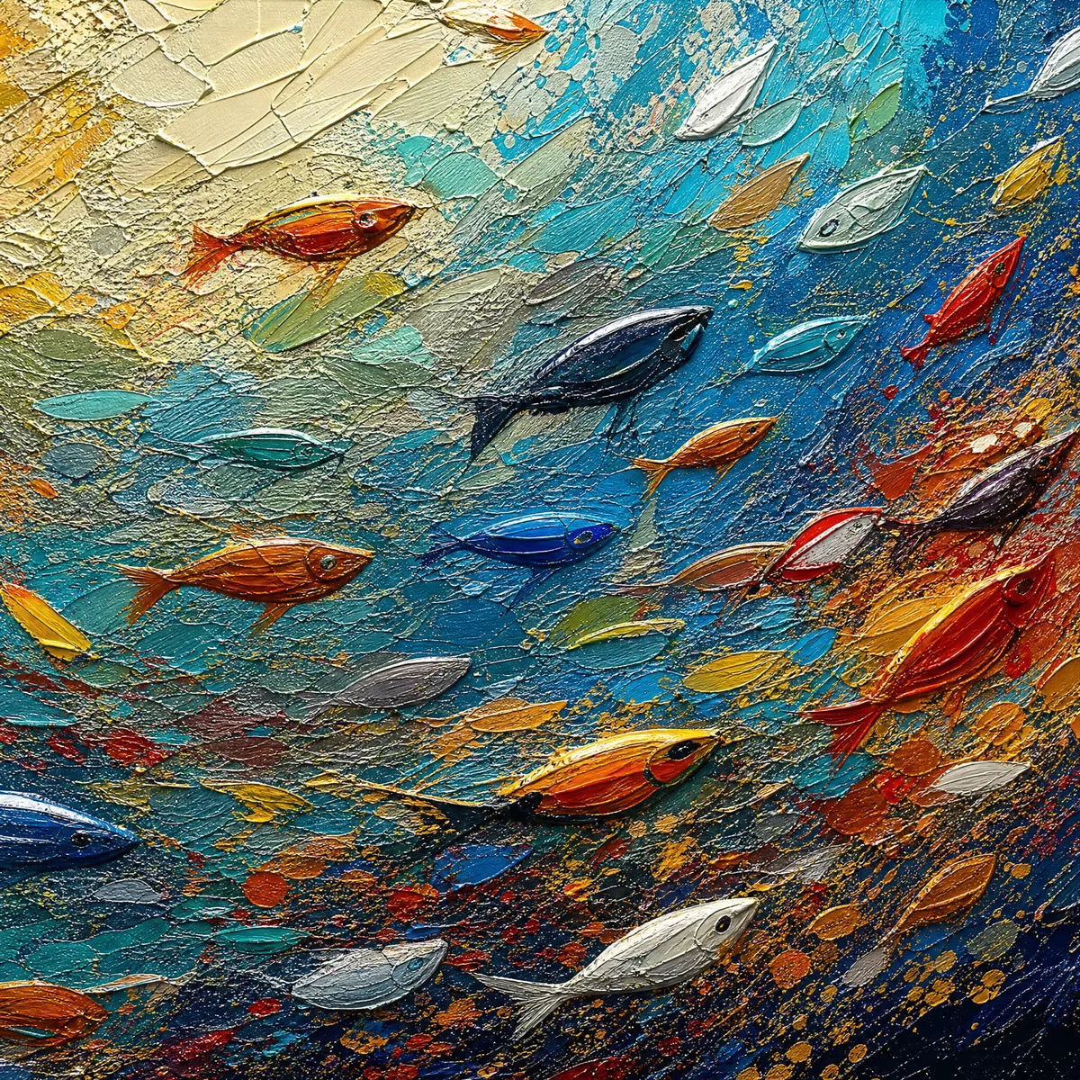 Deep Tide hand-painted ocean blue and gold textured ocean wave painting