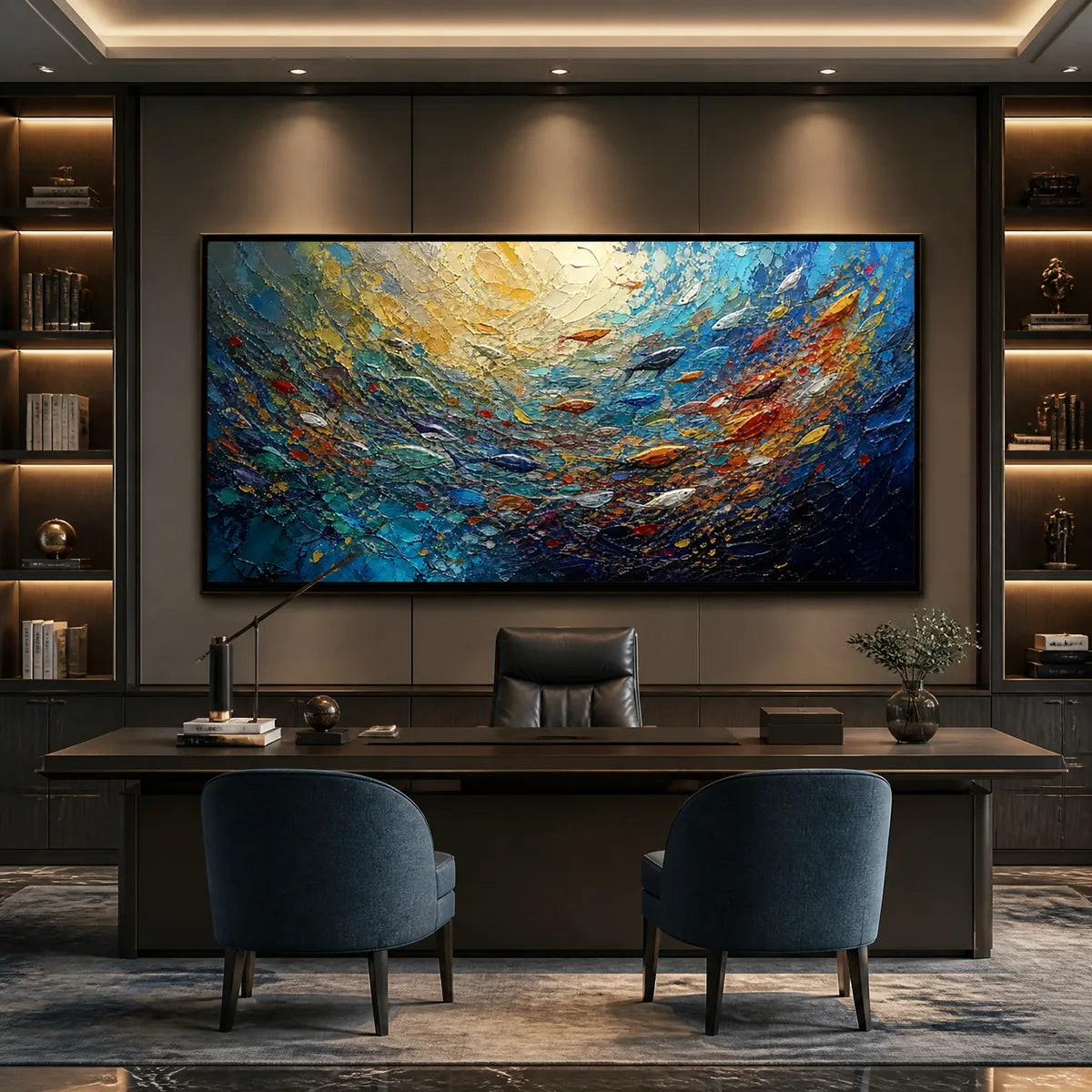 Deep Tide hand-painted ocean blue and gold textured ocean wave painting