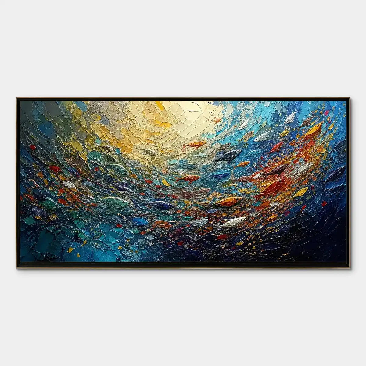 Deep Tide hand-painted ocean blue and gold textured ocean wave painting