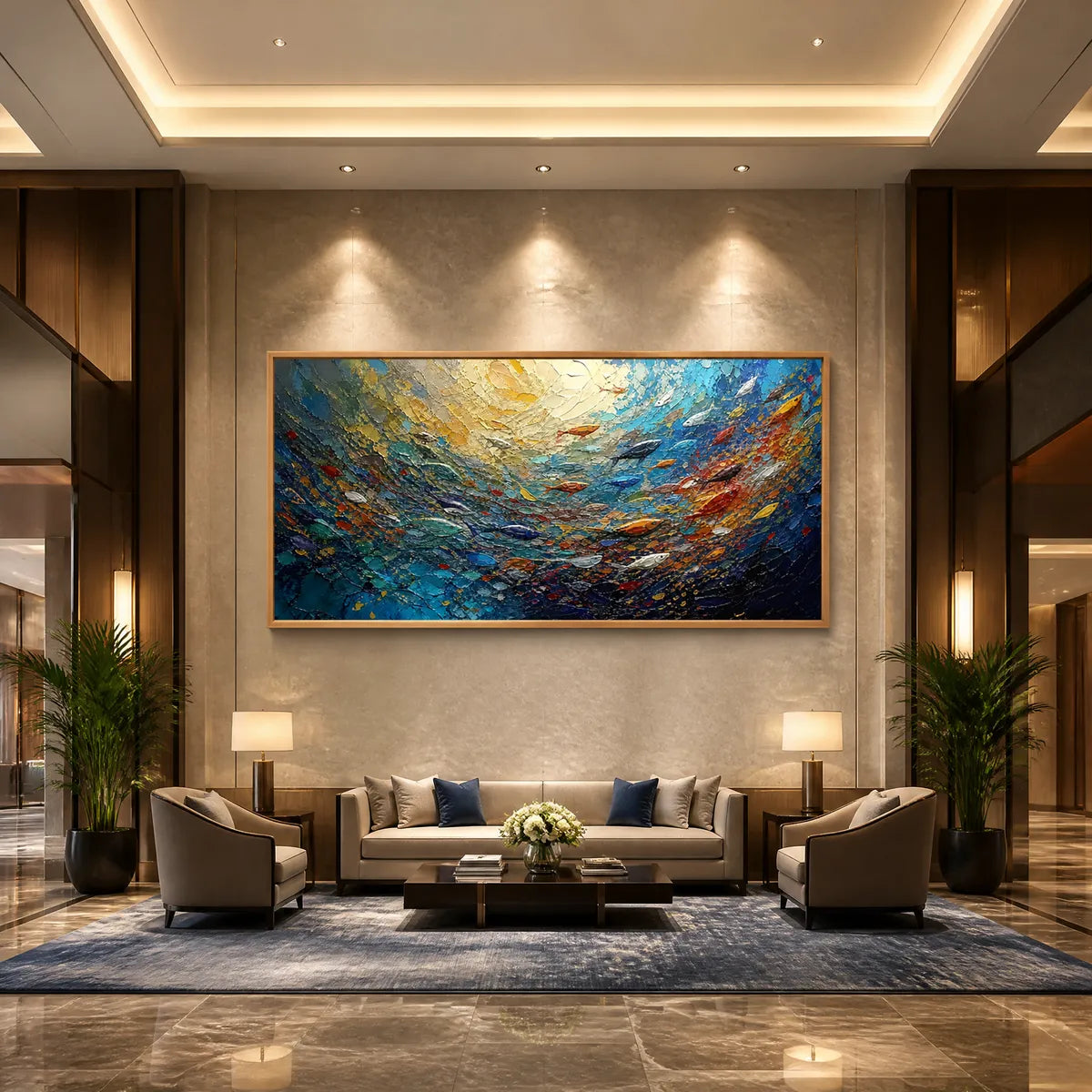 Deep Tide hand-painted ocean blue and gold textured ocean wave painting